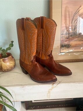 Vintage Dan Post Genuine Lizard Western Cowboy Boots Cognac Tan Women’s 7.5-8